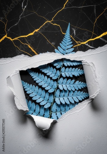 Blue fern visible through hole in white torn paper.