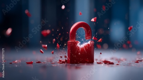 Red lock breaking apart with flying fragments on dark blurred background