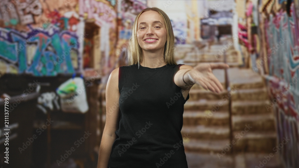 Naklejka premium Woman blows a kiss with hands near face, smiling with closed eyes, wearing a black sleeveless top in a graffiti-lined street stairway; joy.