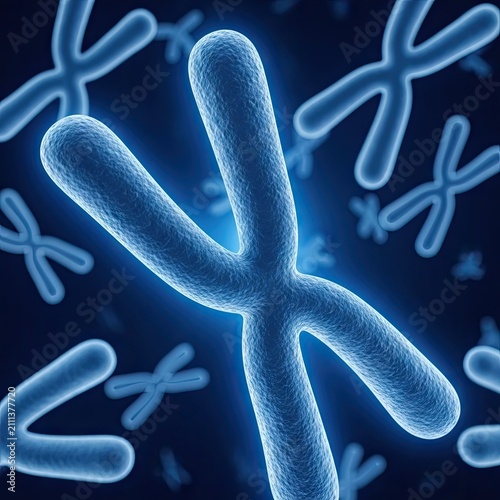 Blue glowing X-chromosomes DNA microscopic view.