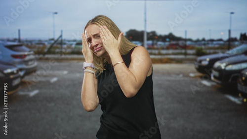 Quadro su tela Woman covering hands over face while shielding with a watch and bracelet in a street parking area; embarrassment privacy