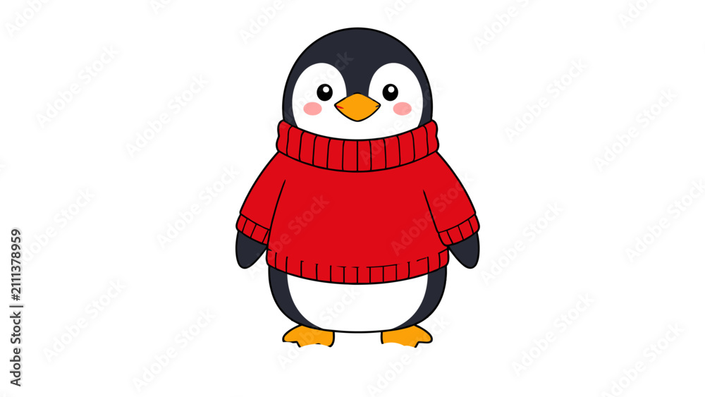 Fototapeta premium Cute penguin character wearing a red sweater on snow