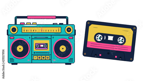 Bild auf Leinwand Colorful retro boombox and cassette tape vector illustration