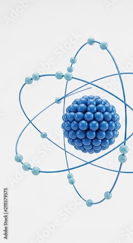 Blue spherical molecular cluster with orbital rings.
