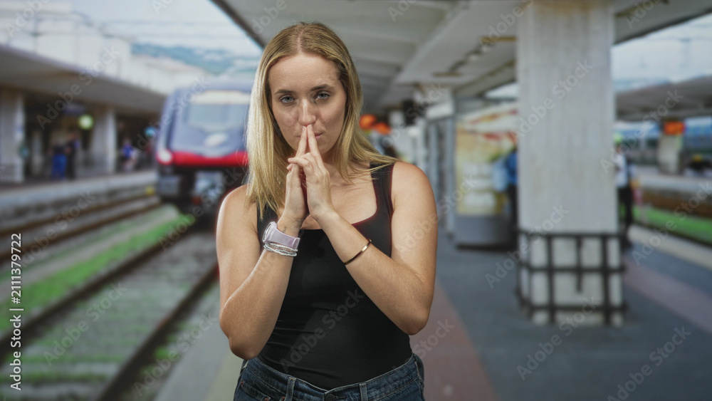 Fototapeta premium Woman standing with hands clasped and eyes closed at a train platform inside a station building near tracks and a red train, wearing black tanktop and jeans; quiet contemplation.