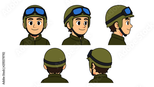 Obraz na płótnie Cartoon soldier character with helmet shown in multiple views