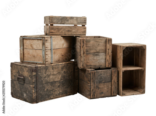 Rustic wooden crates stacked isolated on transparent background. Storage and decor concept.