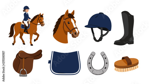 Bild auf Leinwand Equestrian riding gear and horse equipment vector set