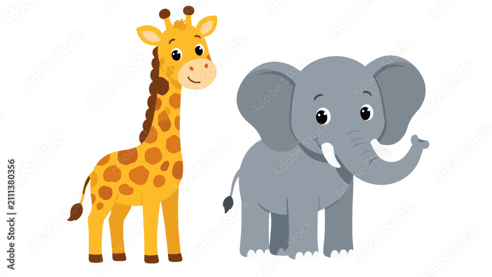 Obraz premium Cute cartoon giraffe and elephant animal vector illustration