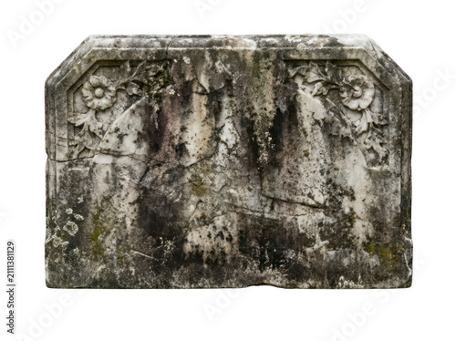 Old weathered gravestone with floral carvings isolated on transparent background. Memorial concept.