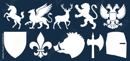 Vászonkép Medieval Heraldic Gothic Items Collection Featuring Lion Griffin and Crest Symbo