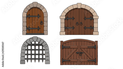 Set of medieval wooden doors and gate with stone arches
