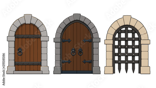 Set of medieval wooden doors and iron portcullis arches