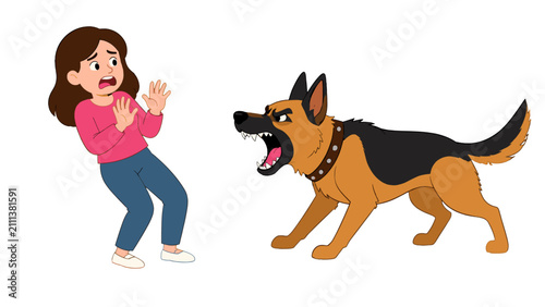 Tableau sur toile Scared woman backing away from aggressive barking dog vector