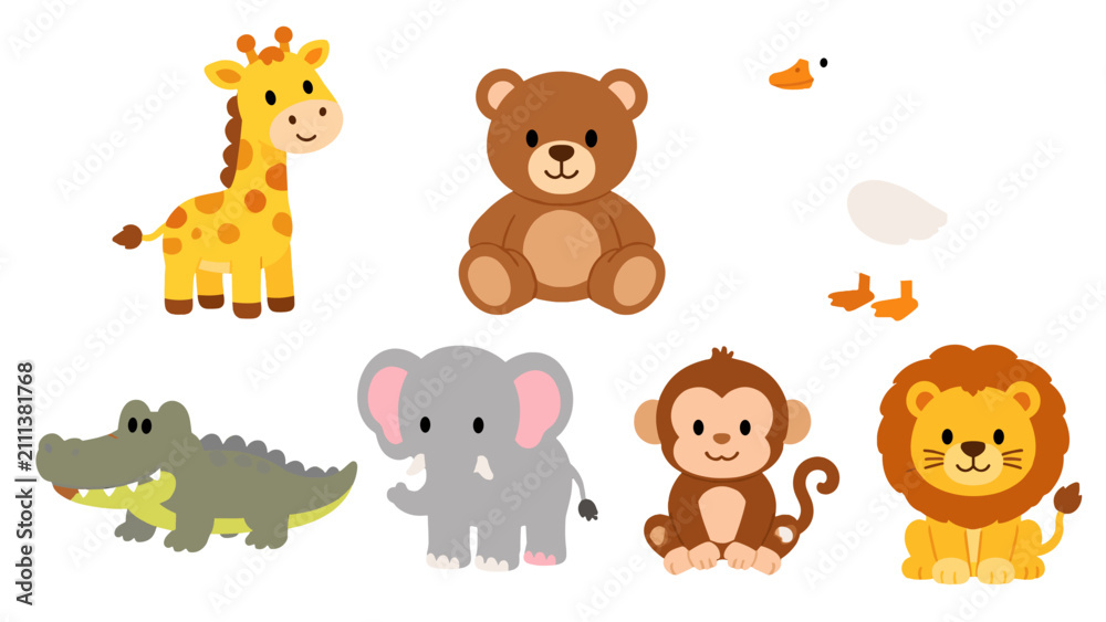 Fototapeta premium Cute cartoon animal set with giraffe bear goose and lion