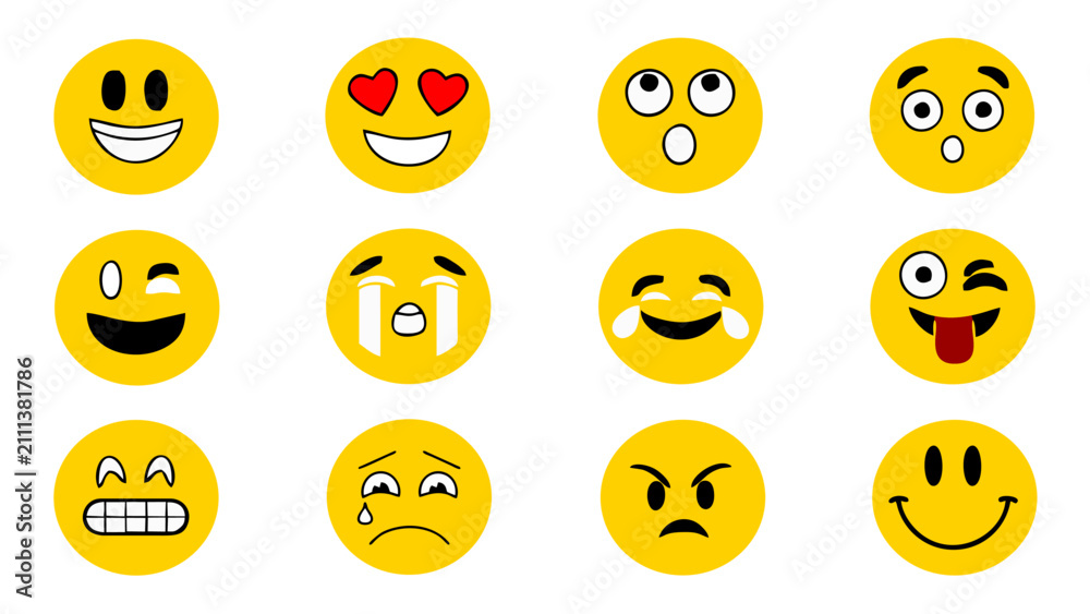 Fototapeta premium Set of yellow cartoon emoticon faces vector. Funny emoji characters showing love, crying, winking, and angry expressions on white background.