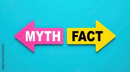Myth vs fact concept with arrows on blue background
