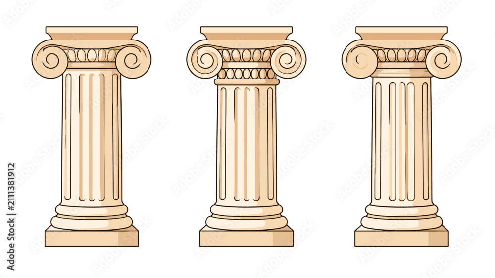 Fototapeta premium Three classical ionic columns in beige vector illustration