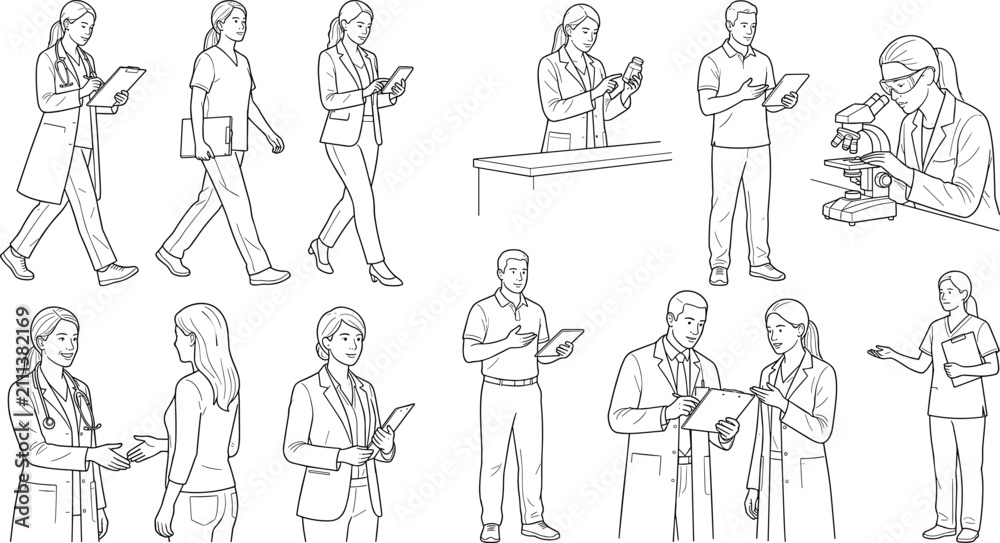 Obraz premium Healthcare Professionals and Medical Staff Line Art Vector Collection with Clinical Work Activities