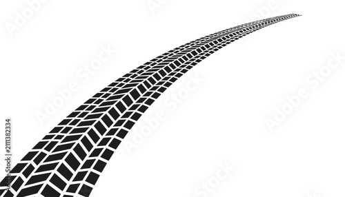 Single black vehicle tire track print curving gracefully into the distance over a clean white isolated background.