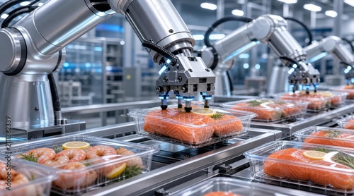 Automated Robotic Arms Processing Fresh Salmon Fillets on Conveyor Belt.