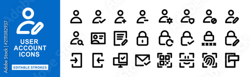 User Account and Authentication UI Line Icon Set, Editable Stroke Vector