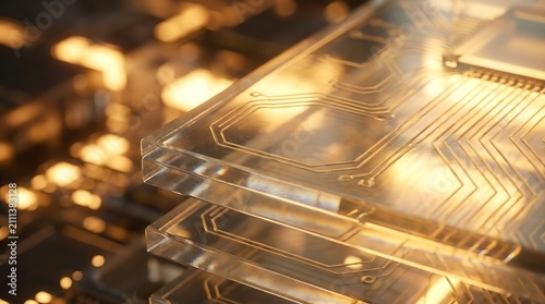 Golden glowing circuit patterns on stacked glass plates