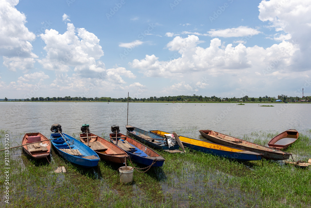 Fototapeta premium Colorful small longtail wooden boats moored along the grassy shore of a serene lake under a cloudy sky.