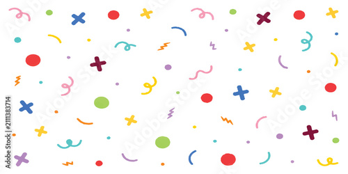 Fotografie Colorful confetti pattern with hand drawn shapes dots and squiggles