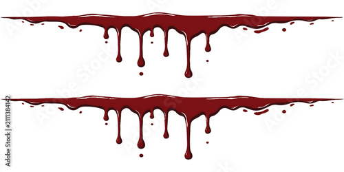 Red blood drips and liquid drops flowing down in horizontal lines
