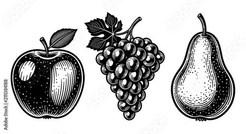Foto Illustration of apple grapes with black white illustration each distinct shading