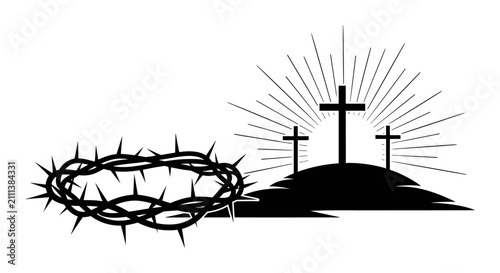 Black silhouette of three crosses on hill with crown of thorns with set against white background depicts black good friday christianity crucifixion