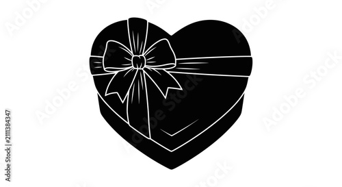 Black heart shaped gift box with white bow with valentine present ribbon symbol icon love