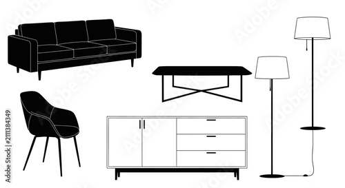 Modern living room furniture set with collection modern minimalist silhouette interior cabinet design black white chair table decor with sofa