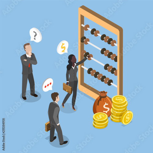 3D Isometric Flat Vector Illustration of Accounting, Professional Abacus Users In The Business World.