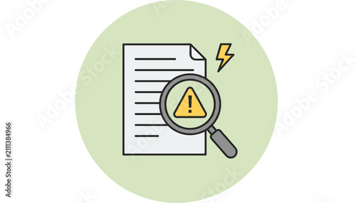 Flat vector icon of a scanning magnifying glass inspecting a warning alert sign on a business document sheet.