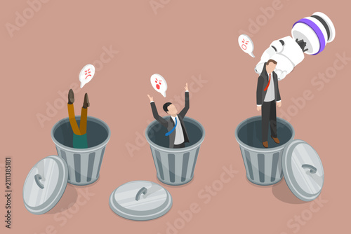 3D Isometric Flat Vector Illustration of Human Jobs Displacement, Robot Tossing Businessmen In Trash Bin