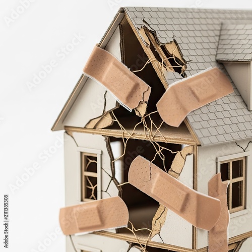 Close-up of damaged model house with large brown bandages.