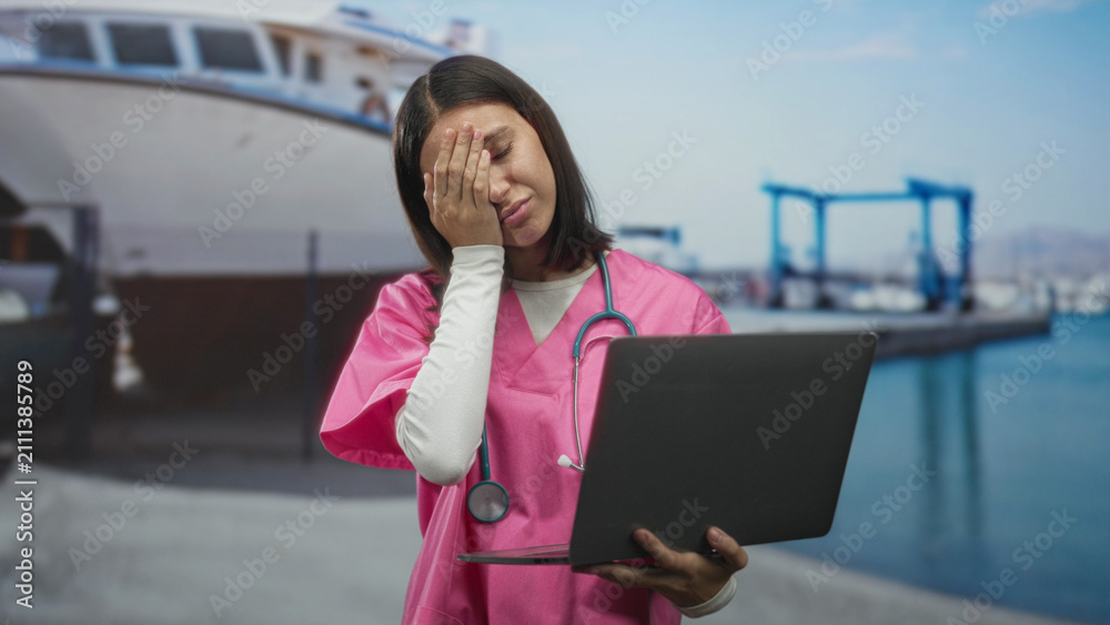Fototapeta premium Young woman nurse in pink scrubs with stethoscope holds laptop, hand to forehead in studio near marina backdrop; work stress frustration.