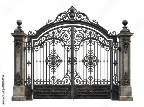 Ornate wrought iron gate with stone pillars isolated on transparent background. Classic architectural element for.
