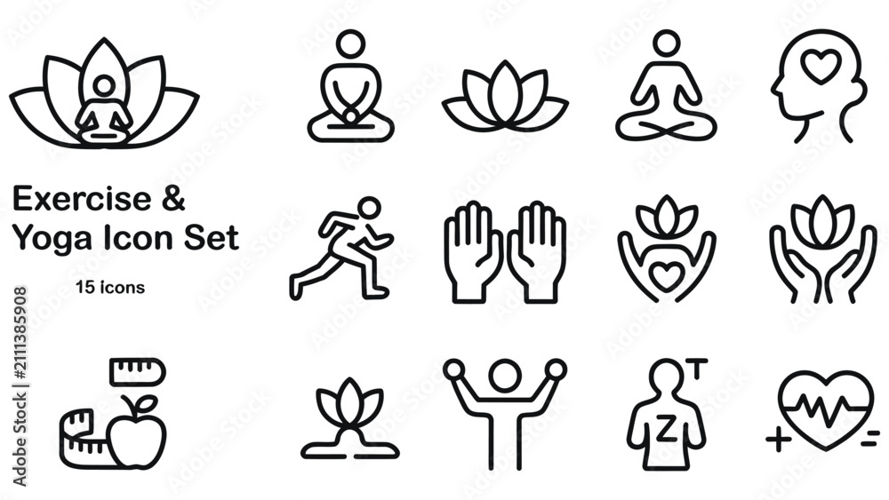 Fototapeta premium Exercise and yoga icon set, healthy lifestyle and wellness vector line icons, fitness and meditation symbols 