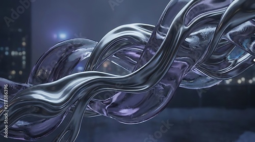 Twisted translucent blue metallic glass ribbons on dark background.