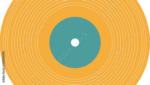 Close-up illustration of a classic vinyl record with a vibrant orange and blue label design in the center on a white background.