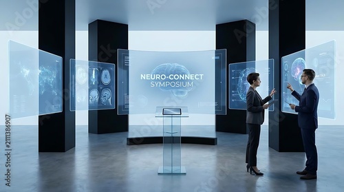 Professionals at a neuro-connect symposium with digital displays.