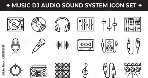 Music DJ audio sound system icon set featuring recording equipment and broadcast tools in linear vector style
