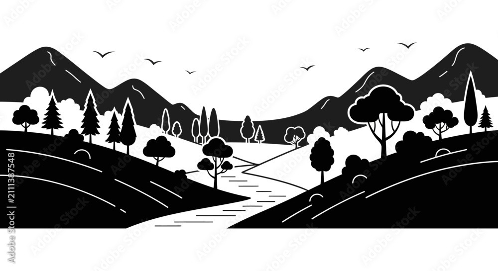 Obraz premium Mountain landscape with trees and river black silhouette