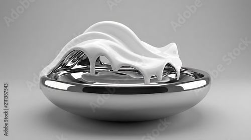 White fluid splashing into a polished chrome metal bowl.