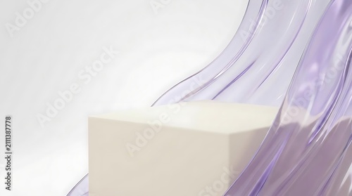 White podium with flowing purple translucent fabric background