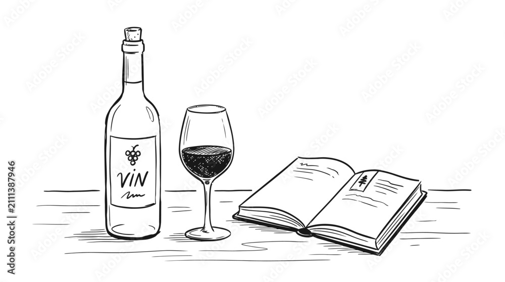 Obraz premium A sketch of a bottle of red wine with a glass and an open book resting on a wooden table for a cozy evening mood