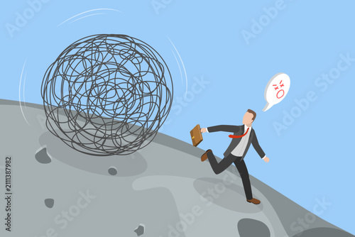 3D Isometric Flat Vector Illustration of Troubles, Panicked Businessman Escaping A Hurdle Of Problems